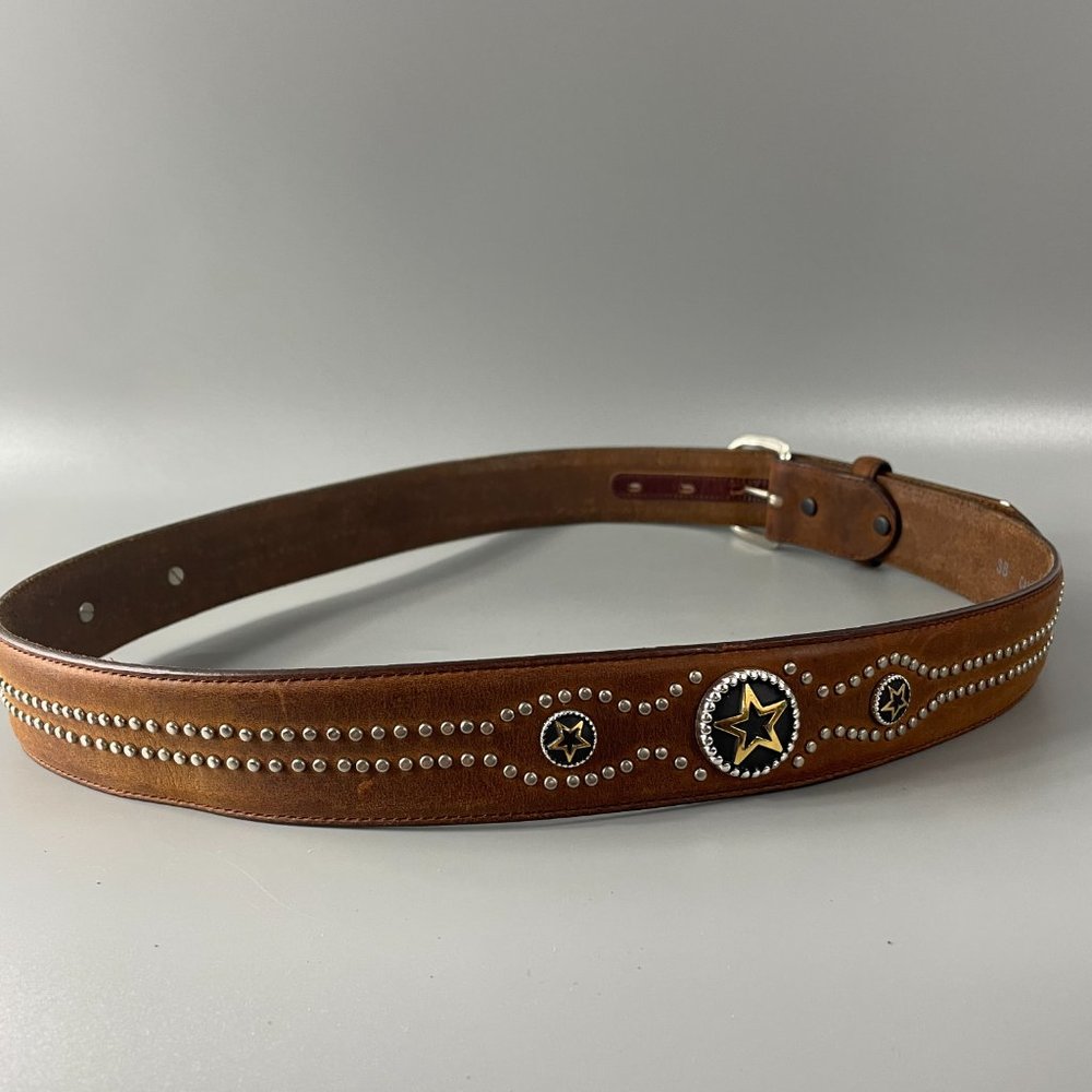 Tony Lama Brown Leather Silver-tone Studded Belt, Size 38 - Picture 5 of 13